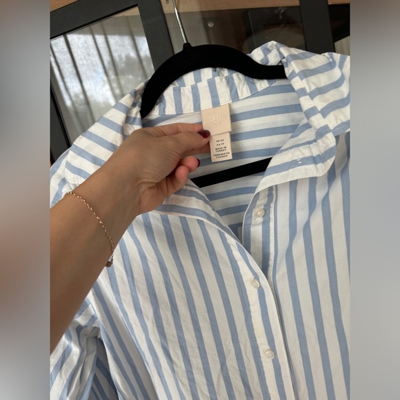 H&M mini dress long sleeve striped button down collar cotton peplum drop hem - Picture 3 of 8